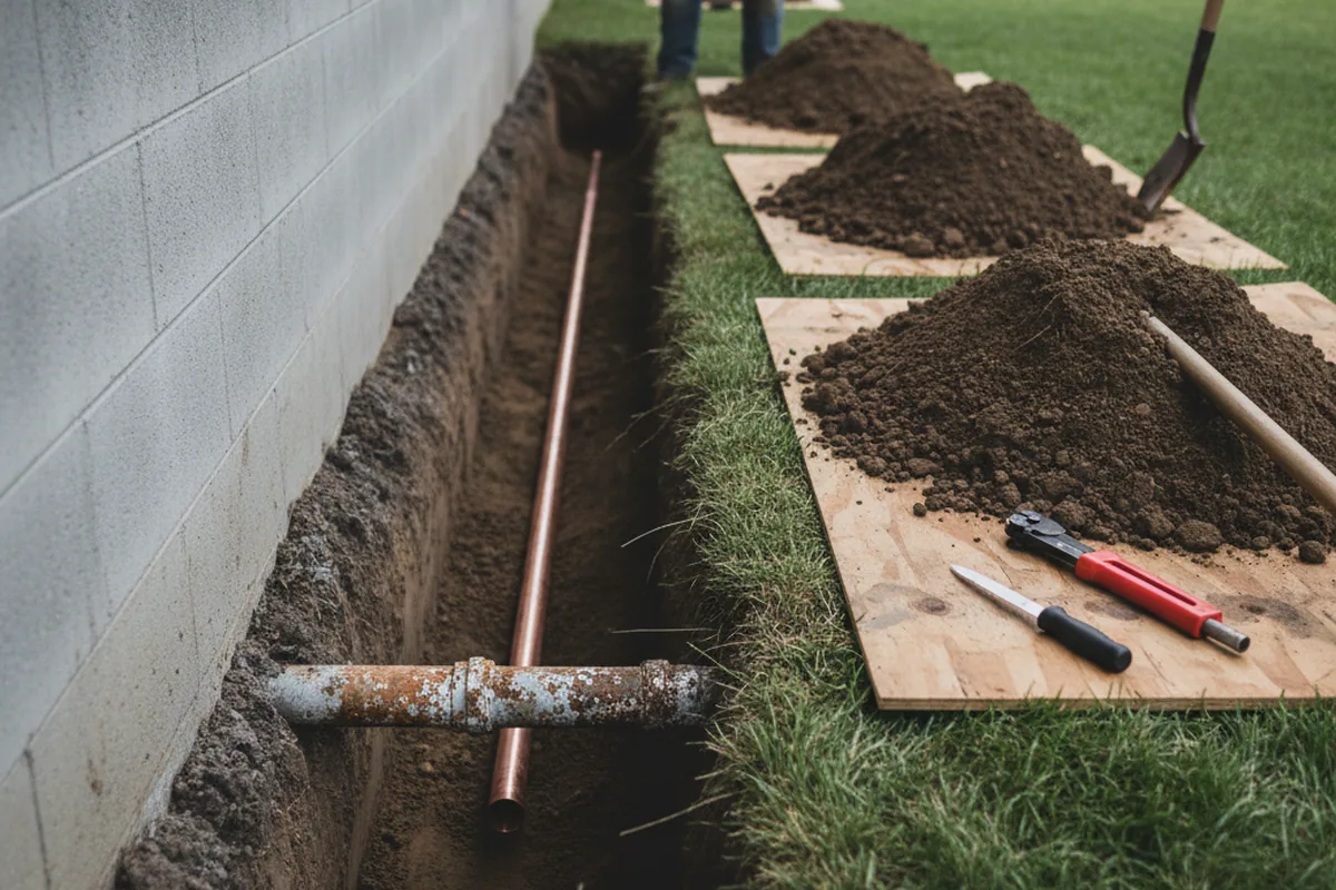 Excavated water line trench during Sewer Line Repair in Bolckow